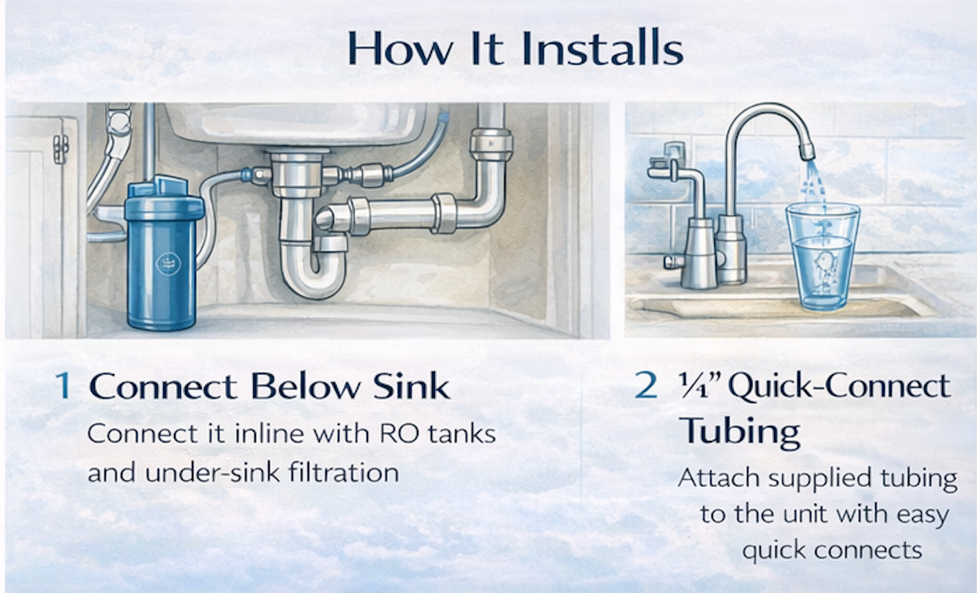 Step-by-step installation of the Natural Action Sink Revitalizer inline between RO tank and faucet