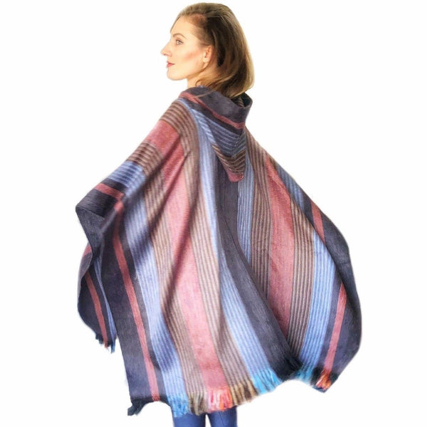 Six Band Alpaca Poncho with multi-tonal colour stripe pattern, handcrafted in Ecuador by Purely Alpaca