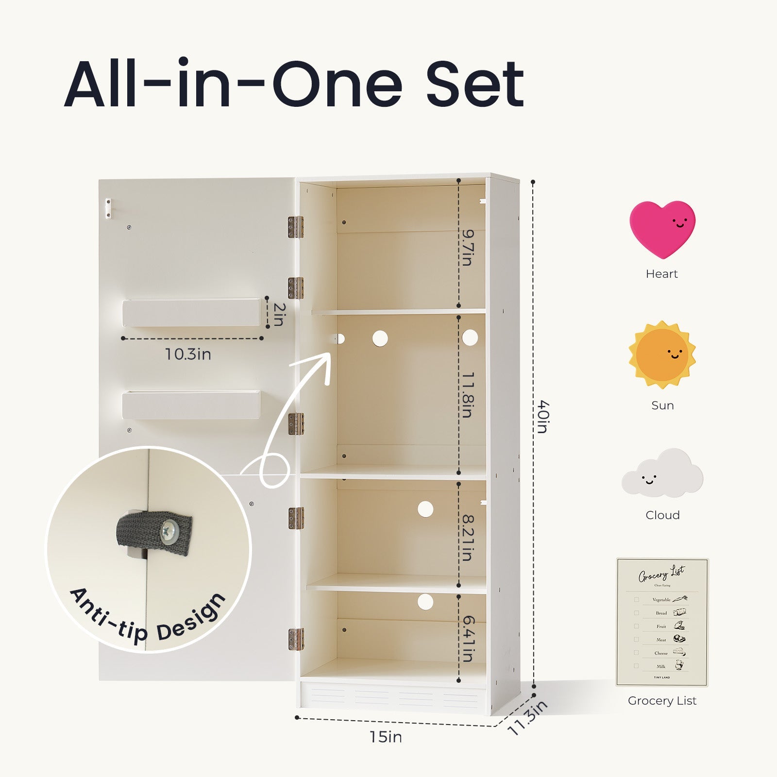 Measurement chart of a storage unit with dimensions and features highlighted.