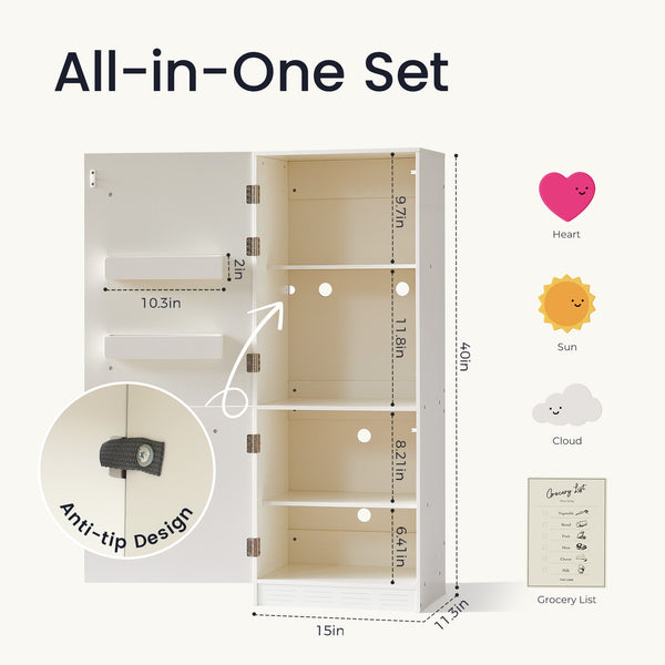 Measurement chart of a storage unit with dimensions and features highlighted.