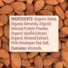 Ingredients label on a background of almonds with text detailing the ingredients.