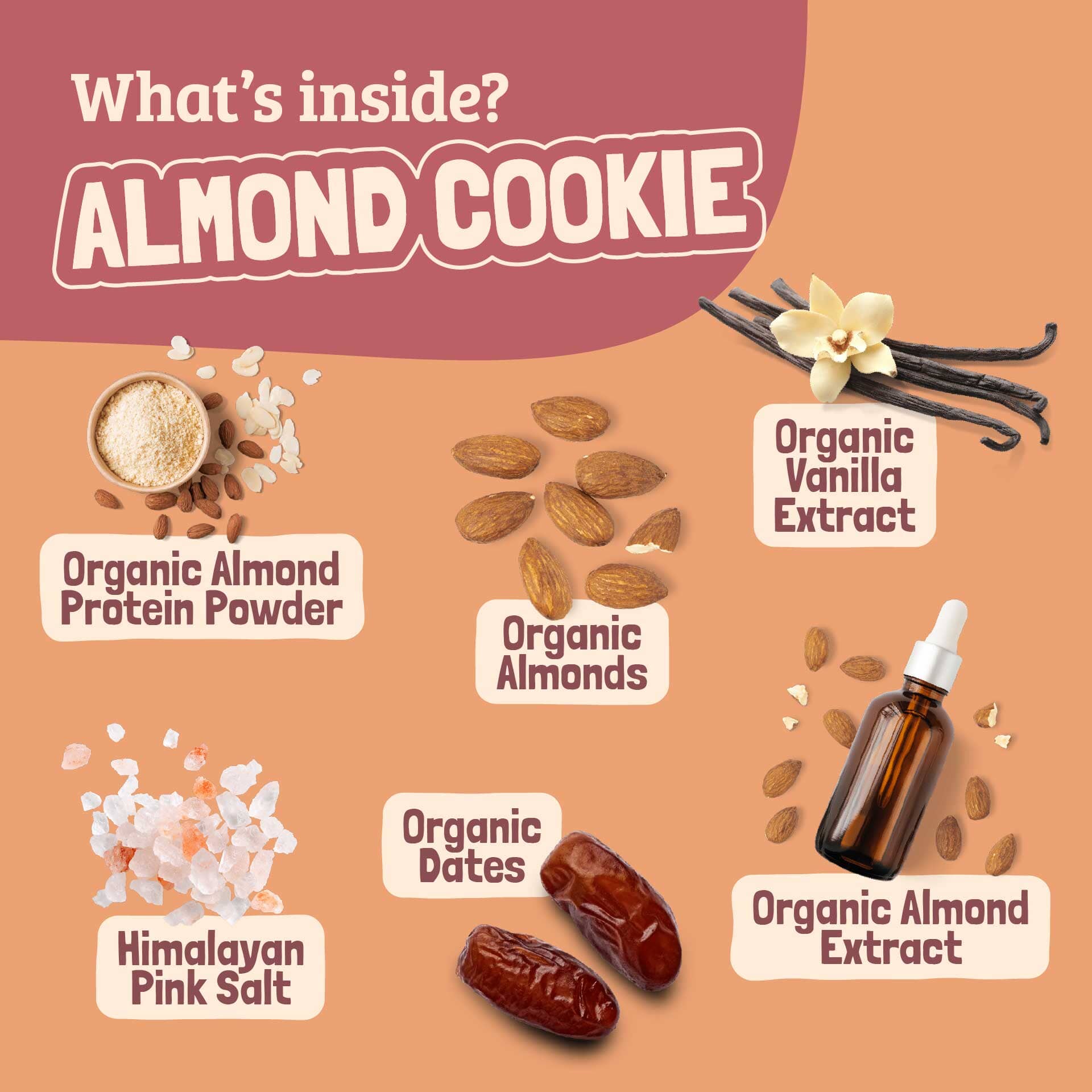 Ingredients of an almond cookie displayed on a brown background