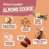 Ingredients of an almond cookie displayed on a brown background