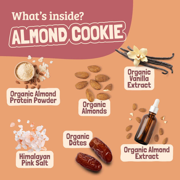 Ingredients of an almond cookie displayed on a brown background