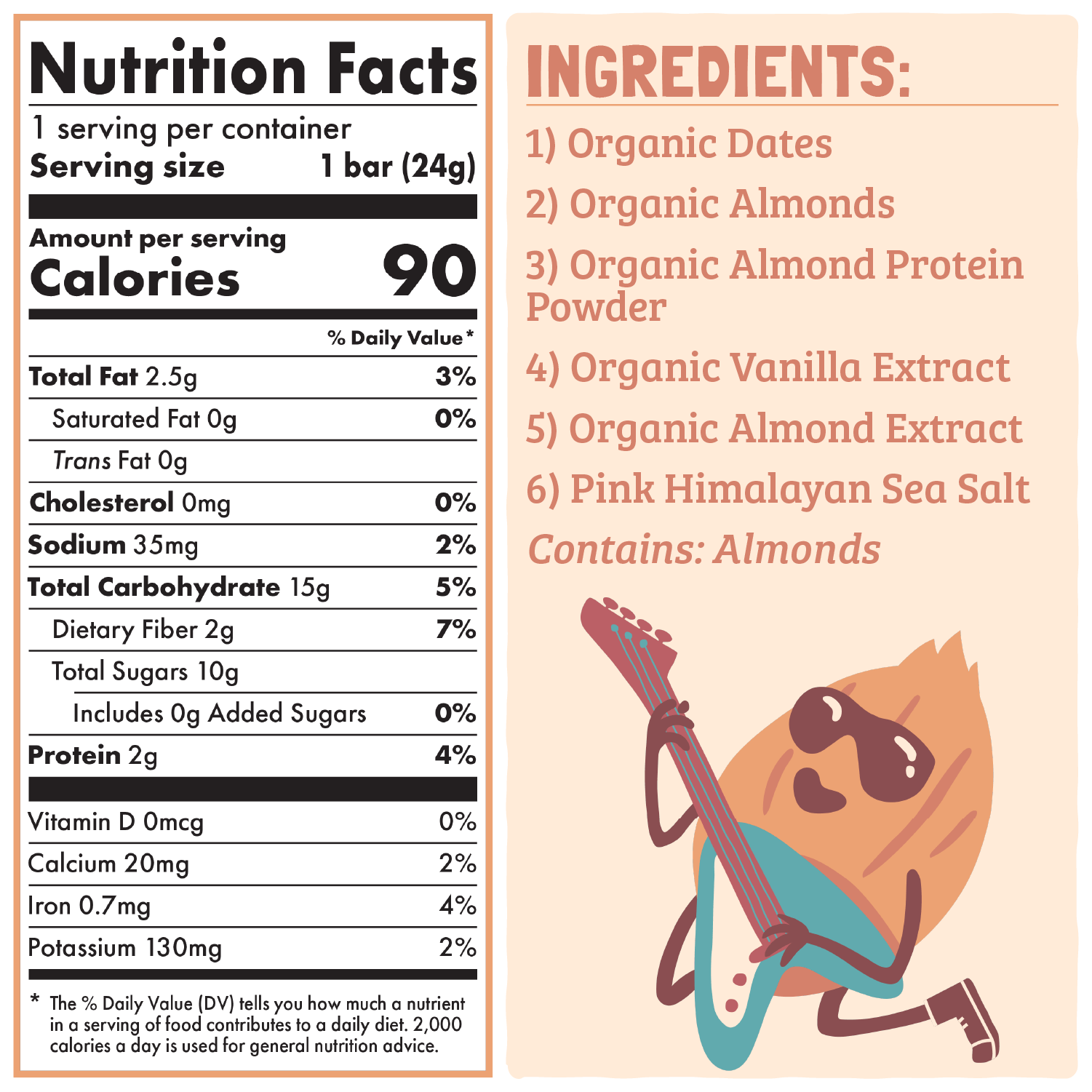 Nutrition facts and ingredients list for a product with an illustration of a bag of dates playing a guitar.