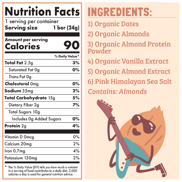 Nutrition facts and ingredients list for a product with an illustration of a bag of dates playing a guitar.
