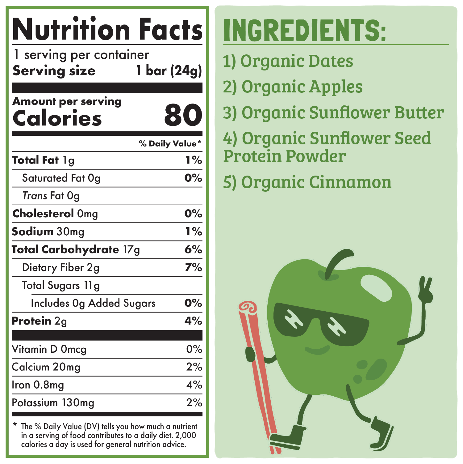 Nutrition facts and ingredients label with a cartoon apple character on a green background