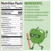Nutrition facts and ingredients label with a cartoon apple character on a green background