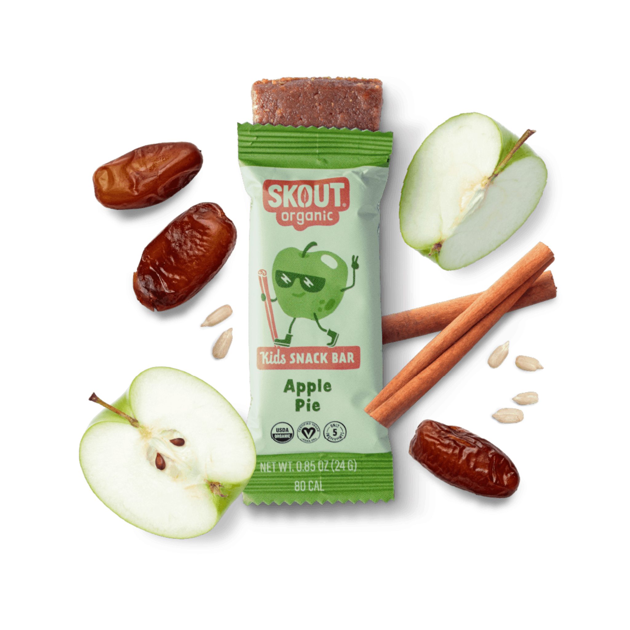 Skout organic kids snack bar with apples, dates, and cinnamon on a dark background