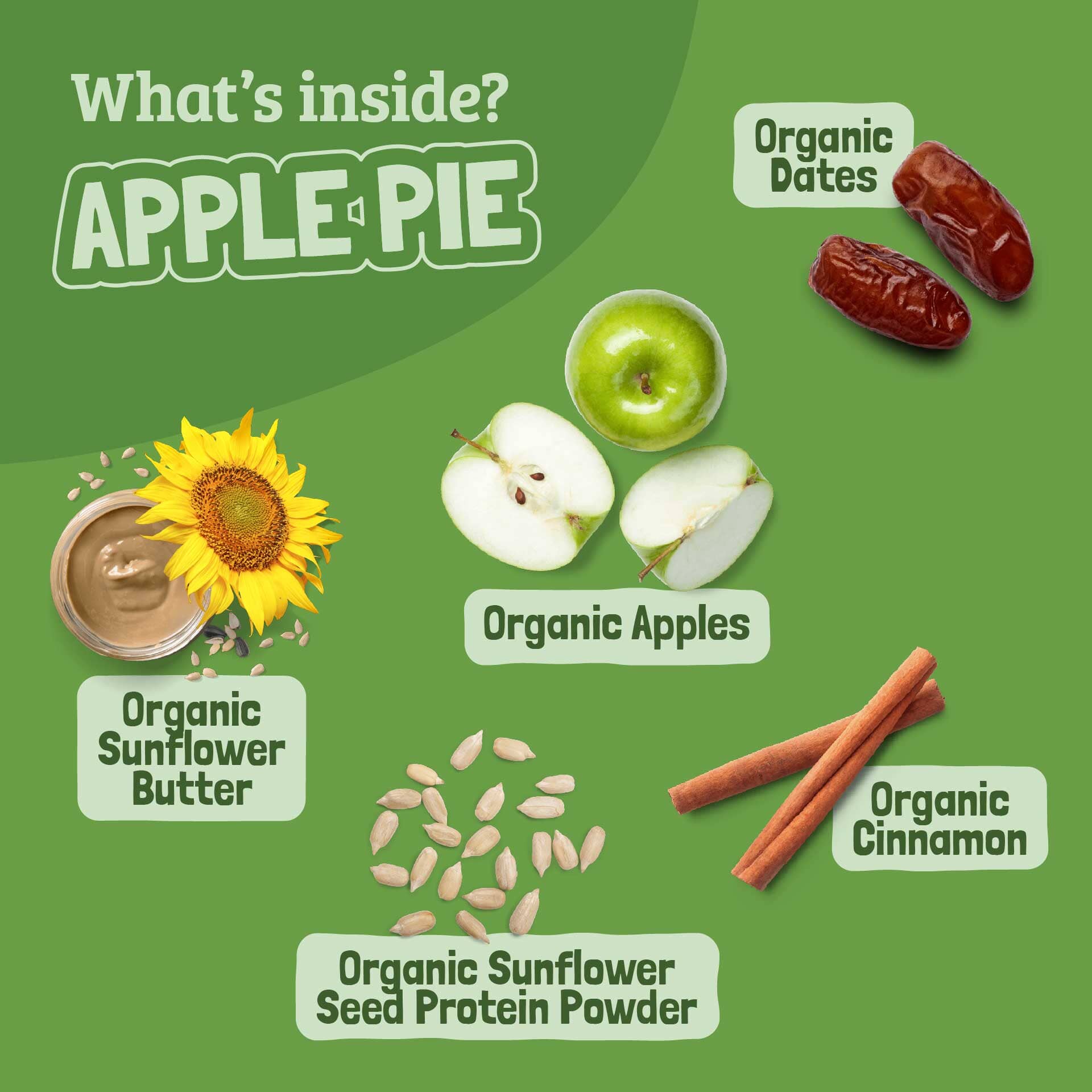 Ingredients of an apple pie with organic sunflower butter, apples, dates, sunflower seeds, and cinnamon on a green background.