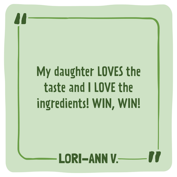 Green card with text praising a product's taste and ingredients, signed by Lori-Ann V.