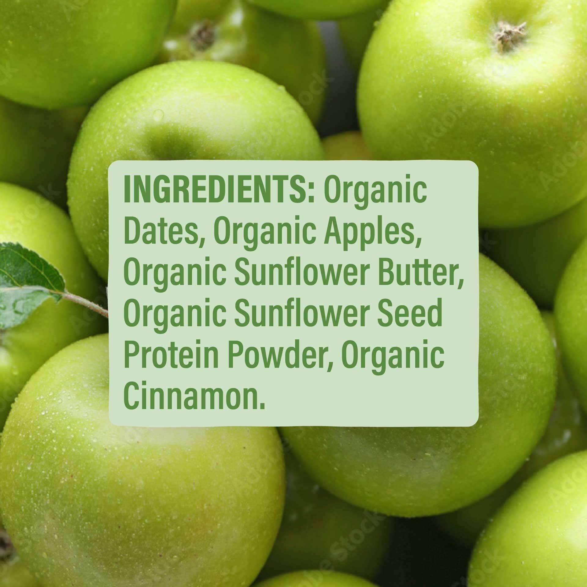 Close-up of green apples with a label detailing ingredients.