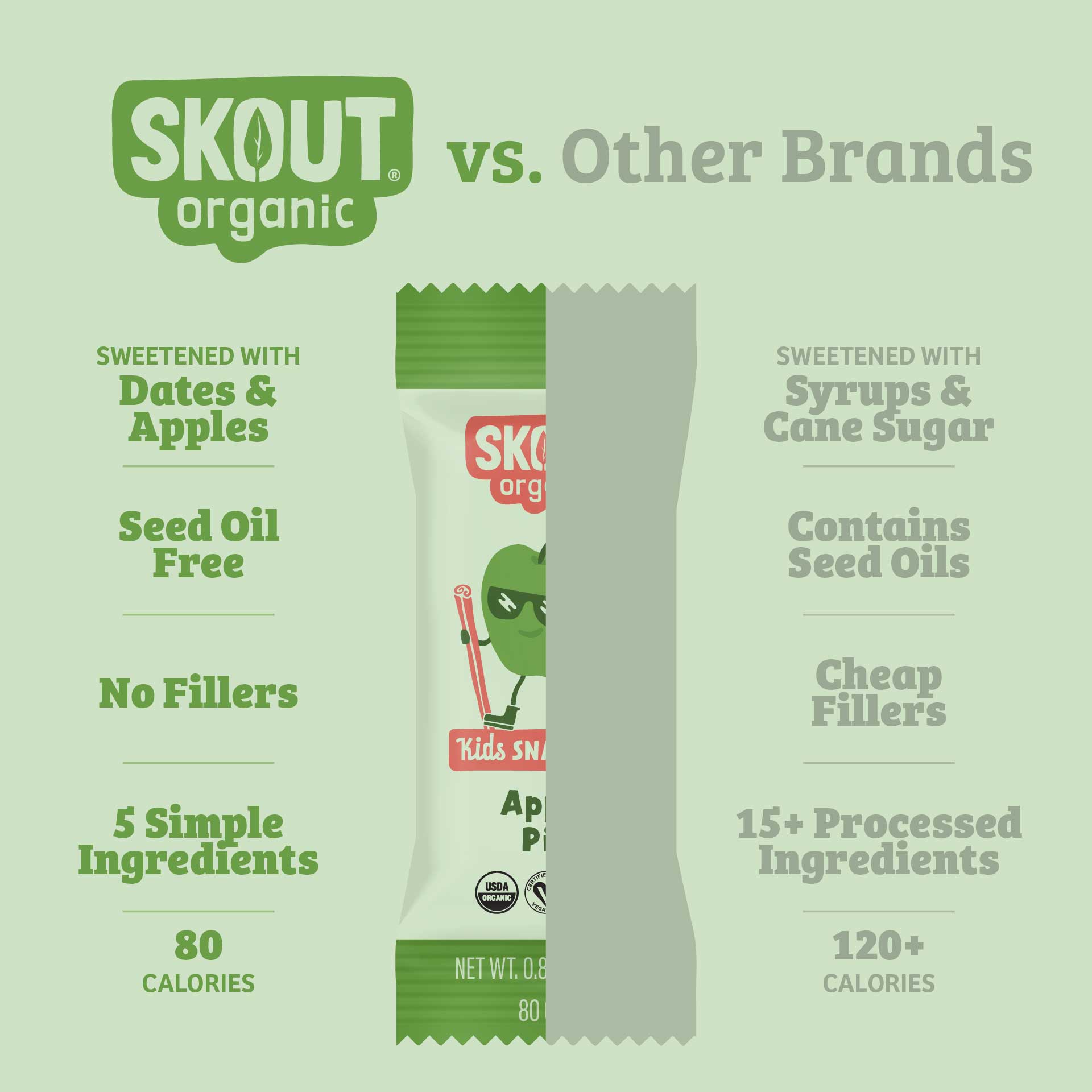 Skout organic snack package comparison with other brands on a light green background