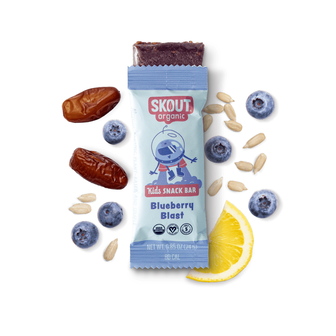 Skout Organic Blueberry Blast Kids Bar made with 5 organic ingredients including blueberries and sunflower butter