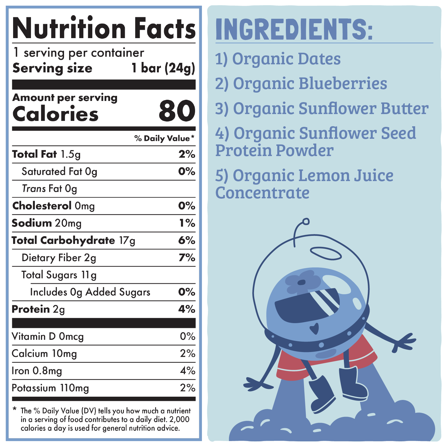 Front of Skout Organic Blueberry Blast Kids Bar packaging showing certified organic blueberry snack bar for children