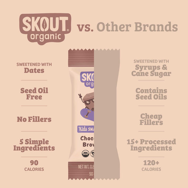 Skout Organic snack bar packaging comparison with other brands on a beige background