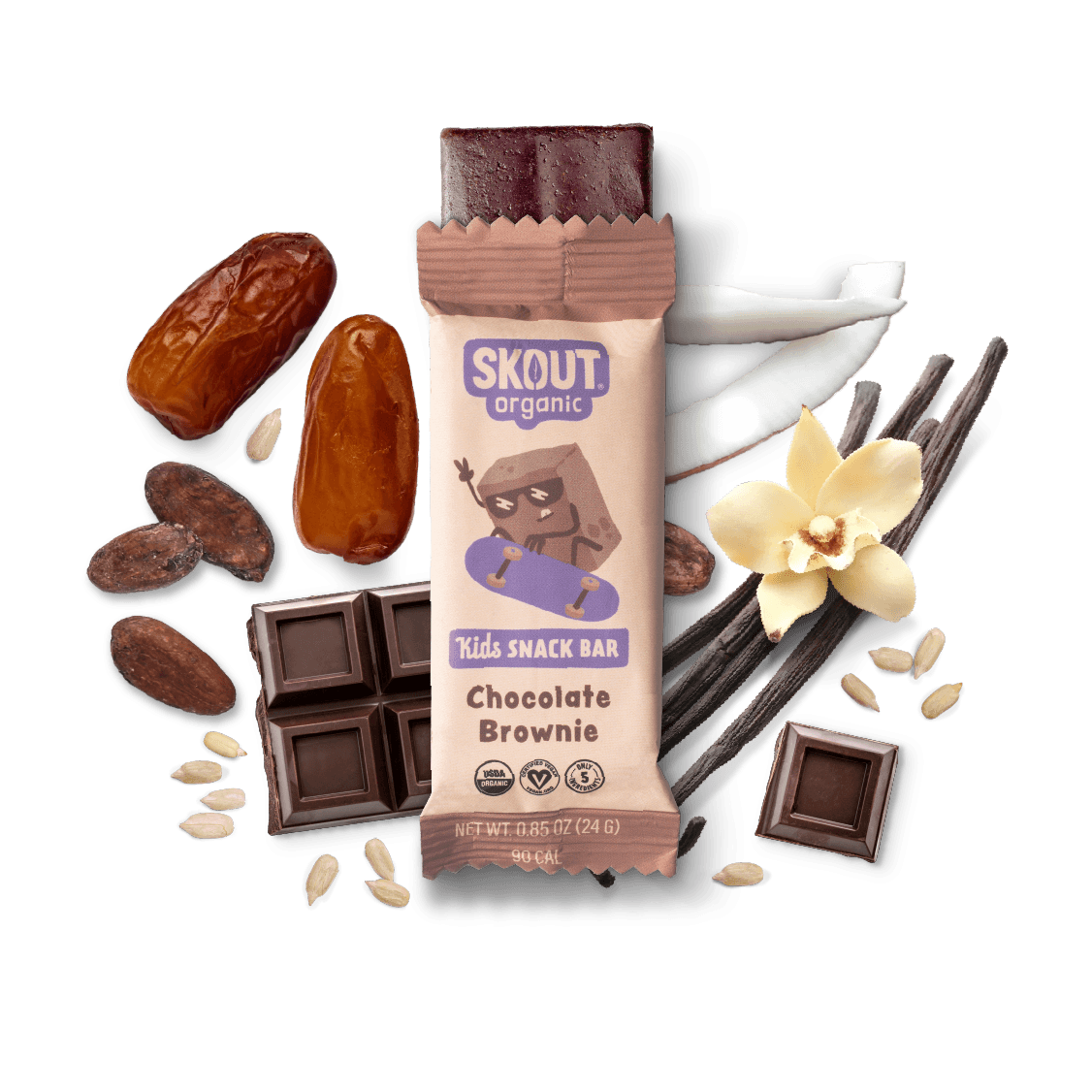 Skout Organic Kids Snack Bar with chocolate, dates, vanilla bean, and nuts on a dark background