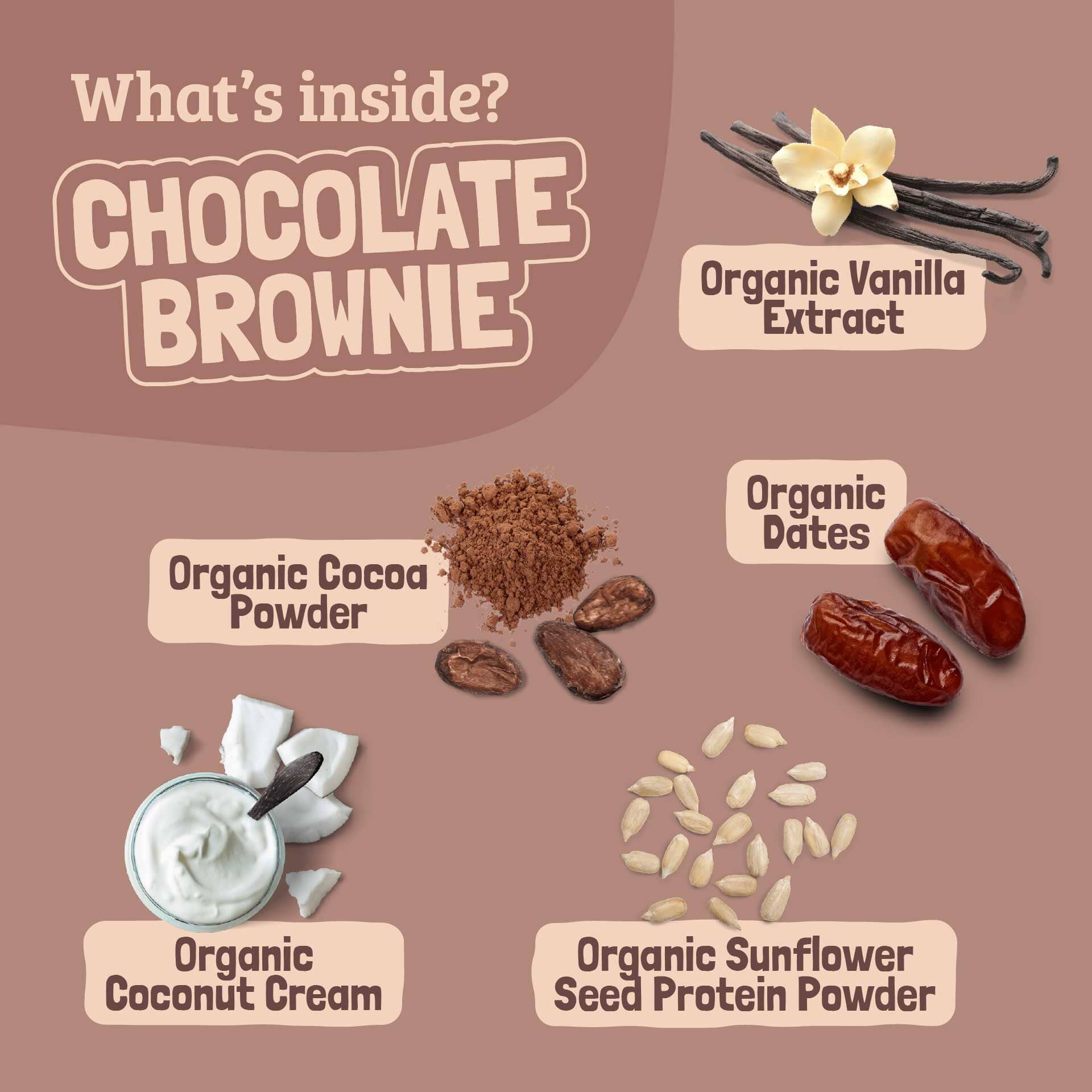 Ingredients of a chocolate brownie with labels on a brown background