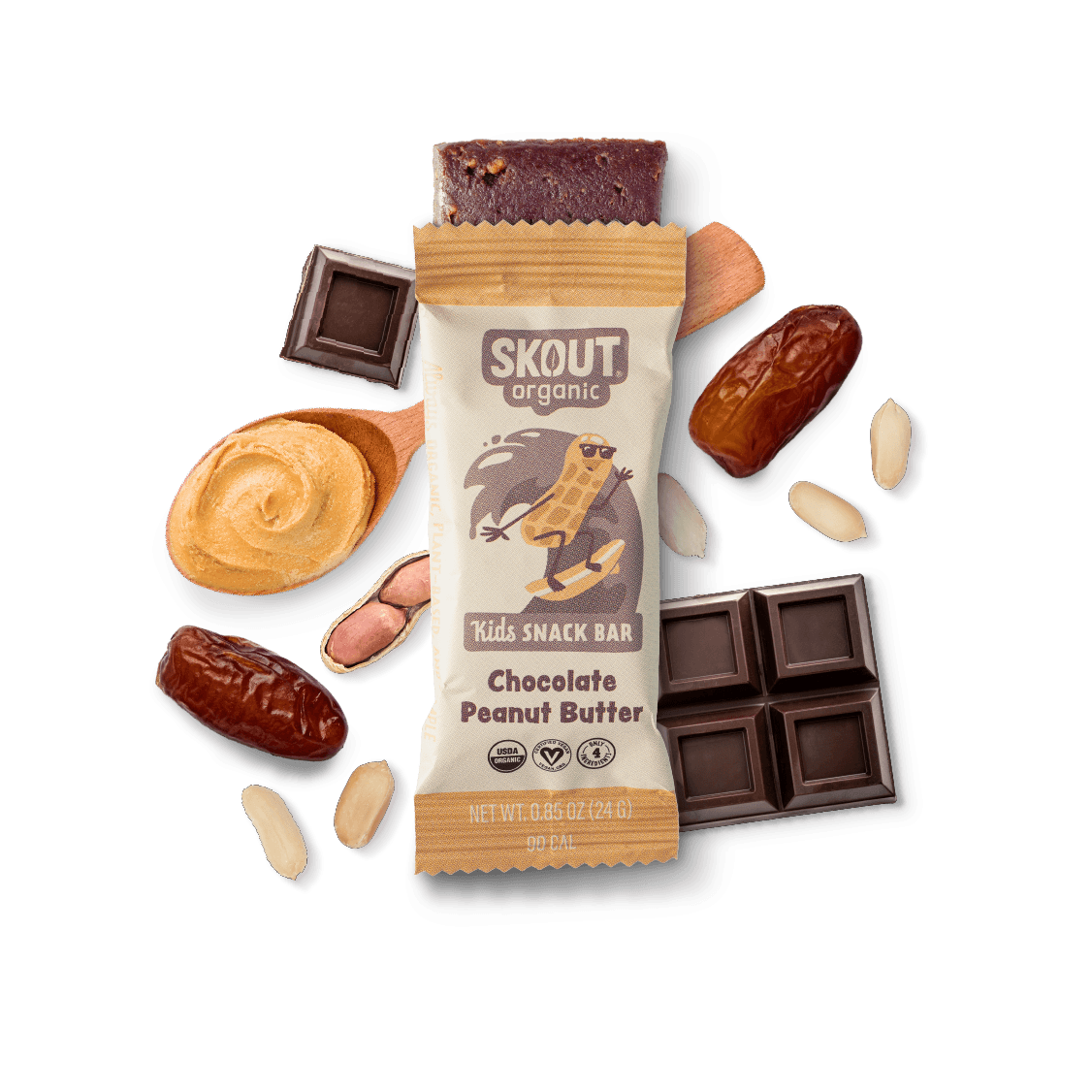 Skout Organic Kids Snack Bar with chocolate and peanut butter, surrounded by ingredients on a dark background