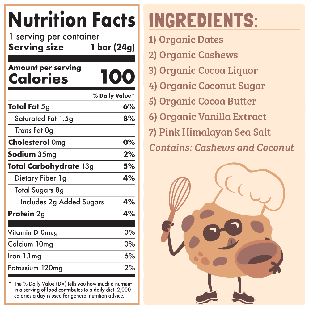 Nutrition facts and ingredients label for a product with a cartoon cookie character on a beige background.