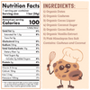 Nutrition facts and ingredients label for a product with a cartoon cookie character on a beige background.