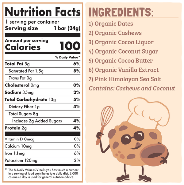 Nutrition facts and ingredients label for a product with a cartoon cookie character on a beige background.