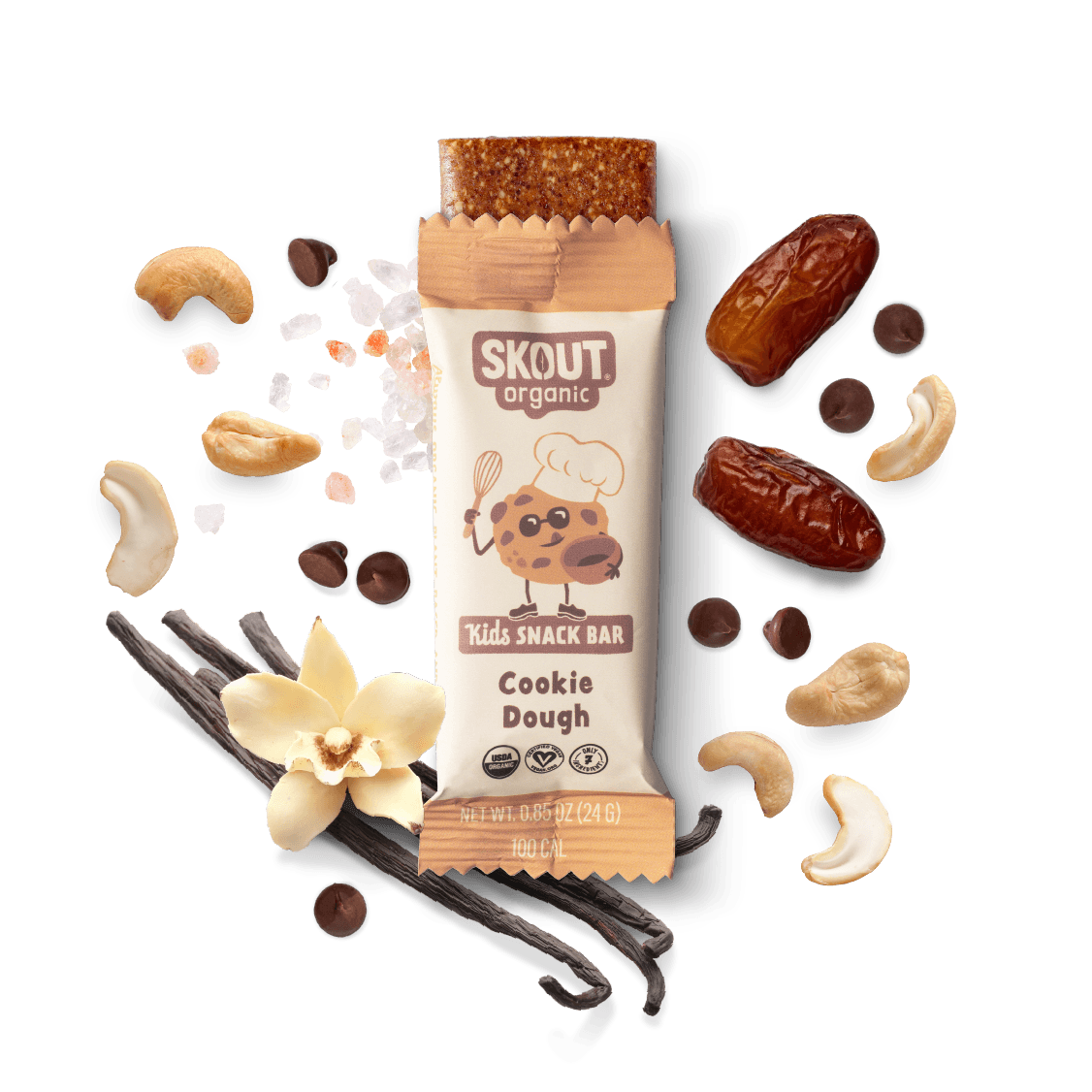 Skout Organic Kids Snack Bar with cookie dough flavor surrounded by ingredients on a dark background
