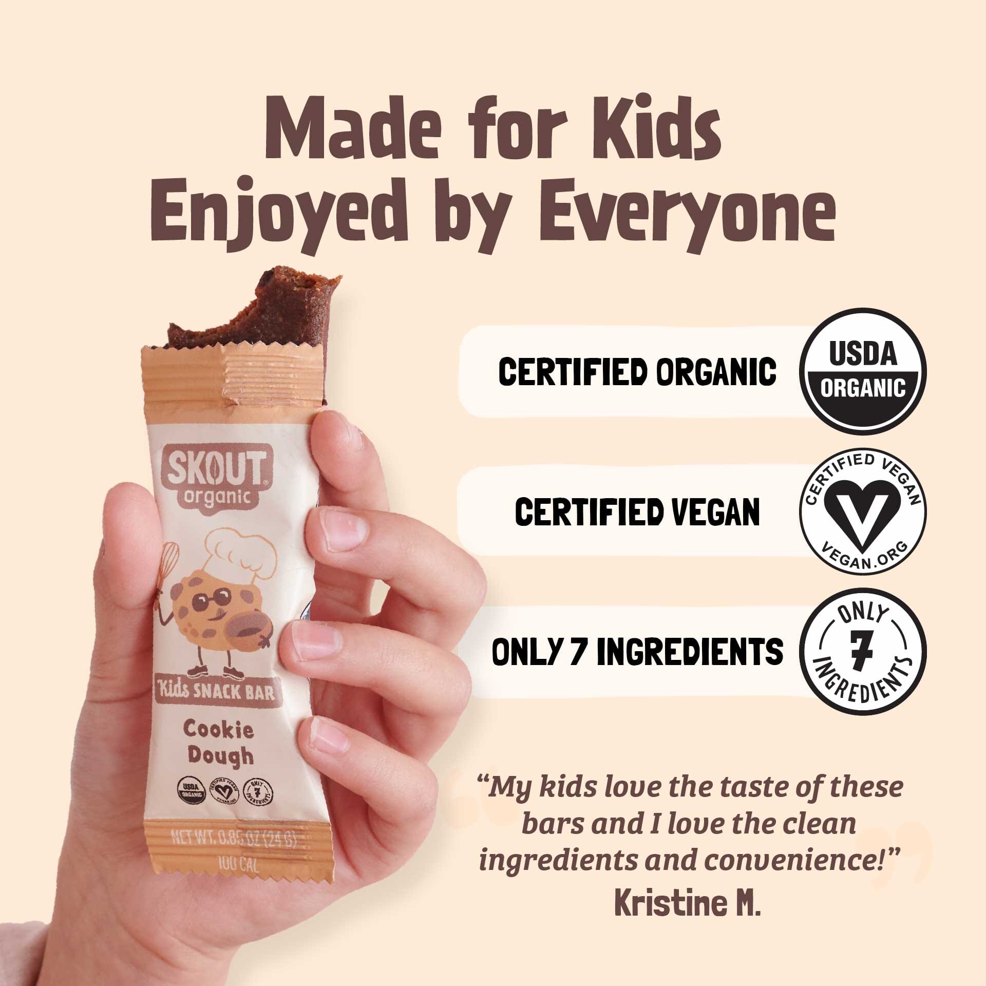 Skout organic kids snack bar held in a hand with certification logos and customer quote on a beige background