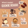 Ingredients of cookie dough displayed with labels on a brown background