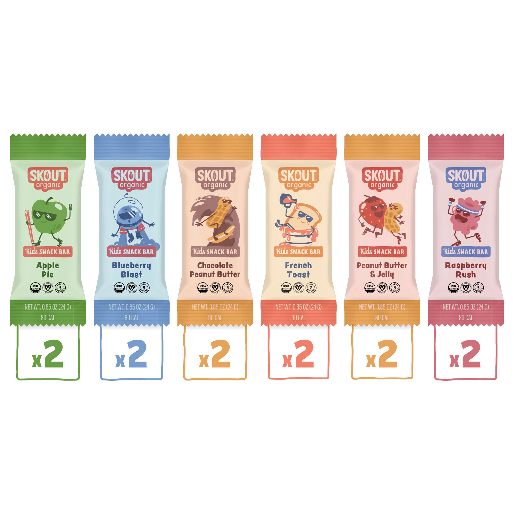 Skout Organic Kids Bar Sample Pack showing all six organic flavour varieties