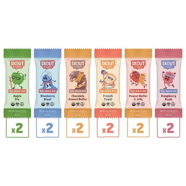 Skout Organic Kids Bar Sample Pack showing all six organic flavour varieties