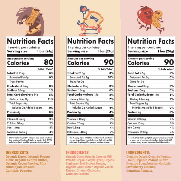 Three nutrition fact panels for a product with cartoon characters on a pink background