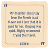 Product review card with text praising the French toast flavor and quick shipping, signed by Lexi N.