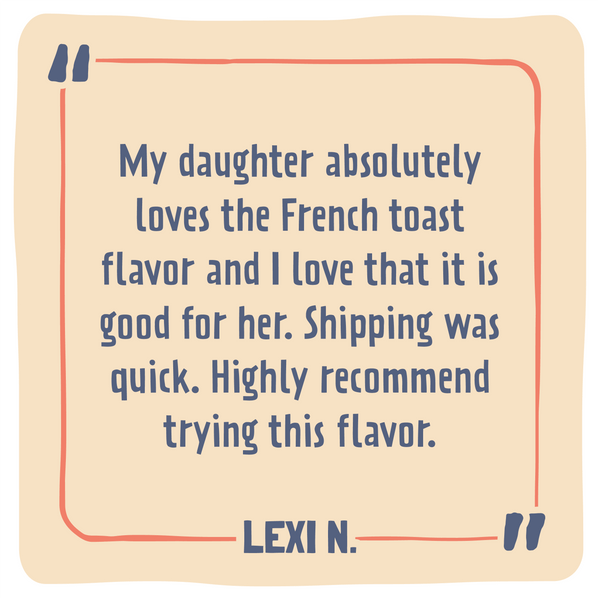 Product review card with text praising the French toast flavor and quick shipping, signed by Lexi N.