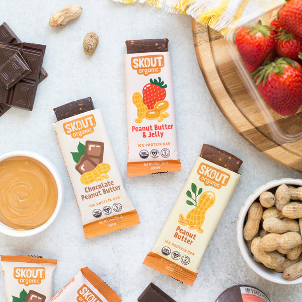 Skout Organic peanut butter protein bars bundle packaging showing chocolate peanut butter, PB&J and classic peanut butter flavours