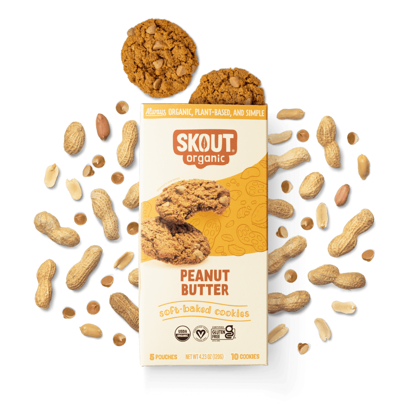Skout Organic Peanut Butter cookies packaging with cookies and peanuts on a green background