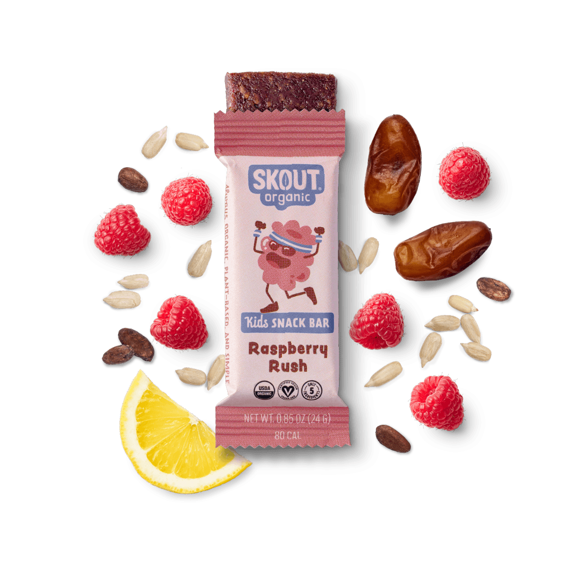 Skout Organic Raspberry Rush Kids Bar made with 5 simple organic ingredients