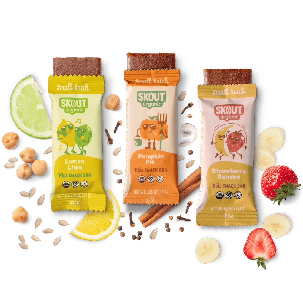 Three Skout organic snack bars with lemon, pumpkin pie, and strawberry banana flavors on a dark background.