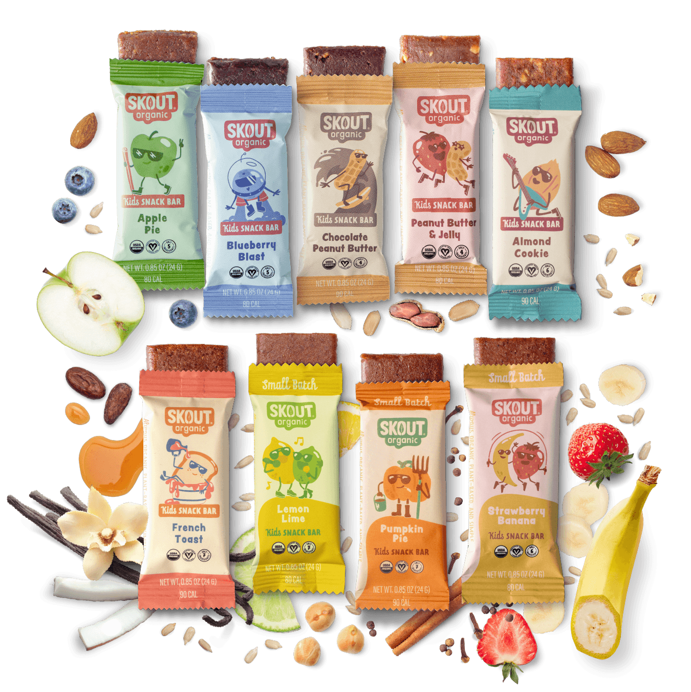 Assorted Skout organic snack bars with various flavors on a dark background.
