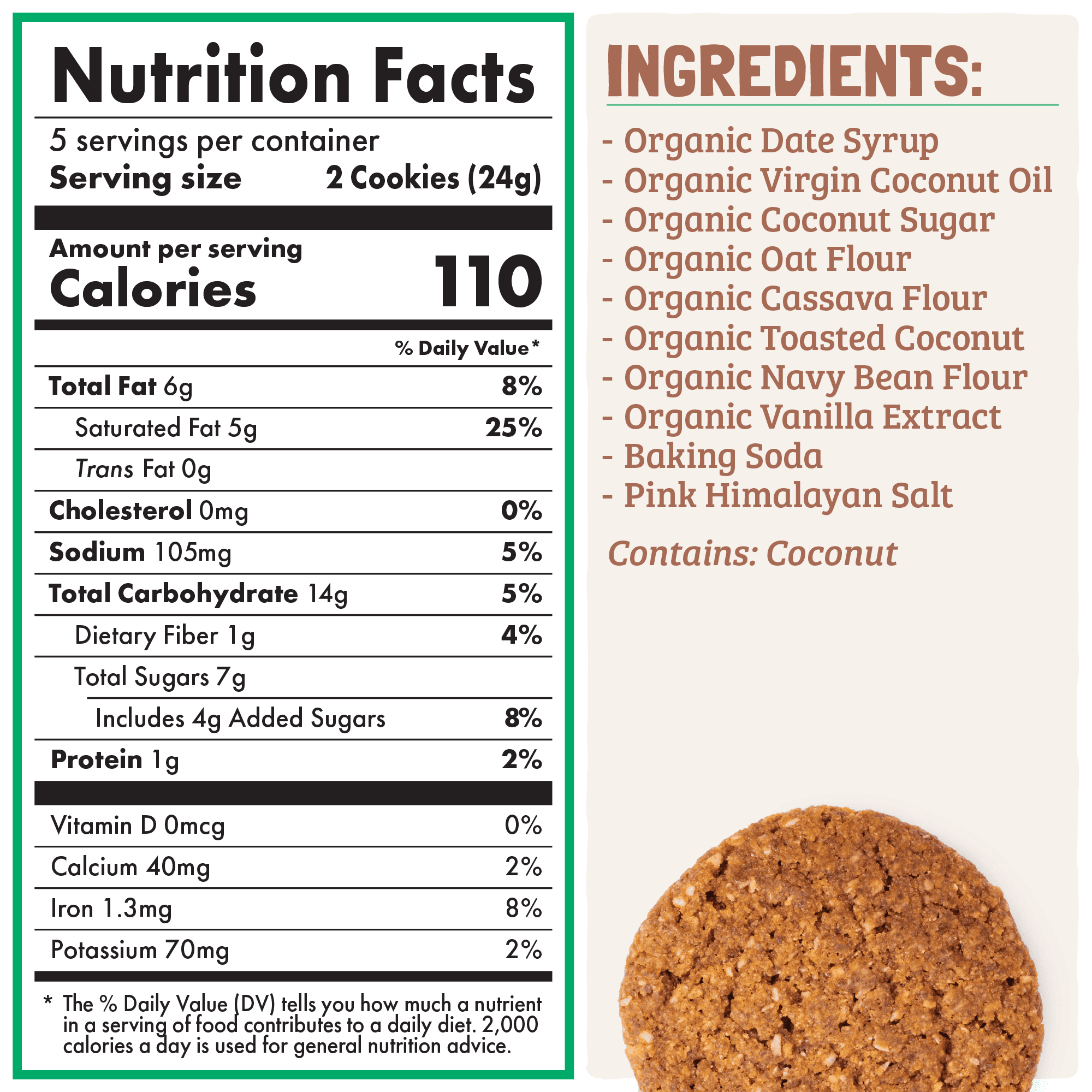 Nutrition facts and ingredients label for cookies with a close-up of a cookie.