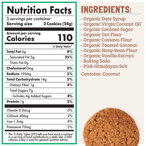 Nutrition facts and ingredients label for cookies with a close-up of a cookie.