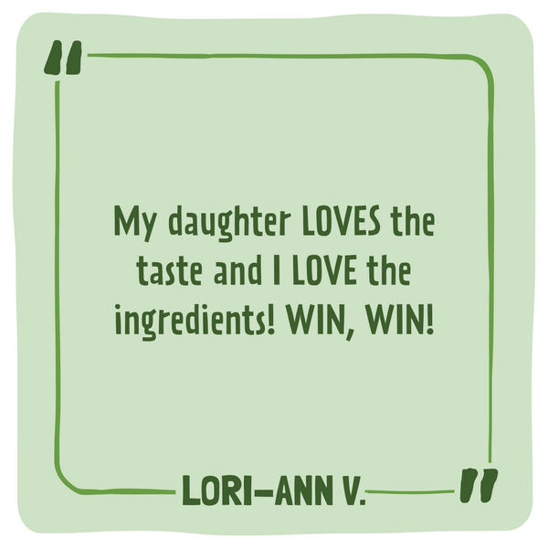 Green card with text praising a product's taste and ingredients, signed by Lori-Ann V.