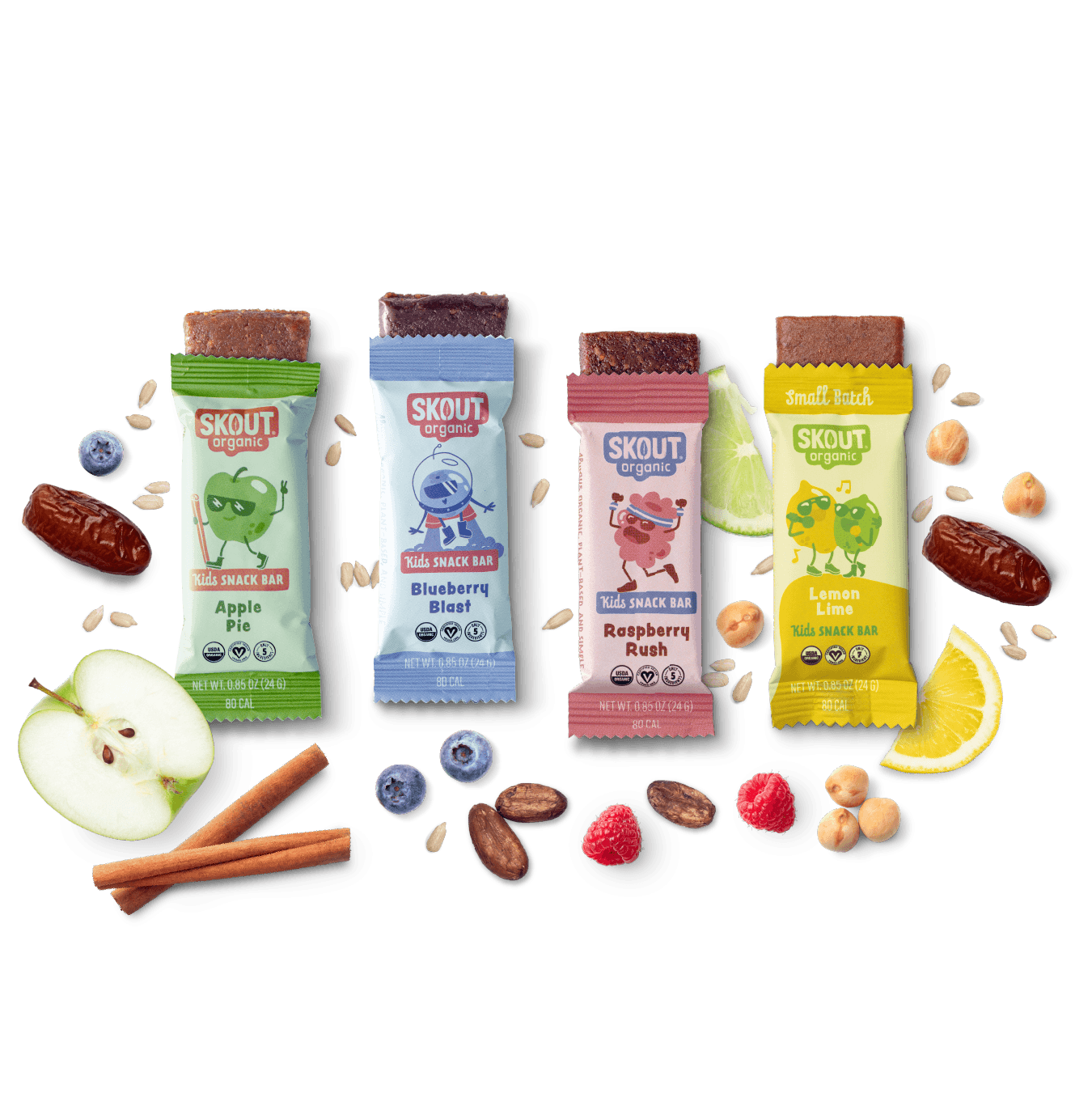 Five Skout snack bars with various flavors on a dark background