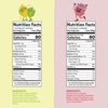 Nutrition facts label for a product with colorful graphics on a yellow and pink background.