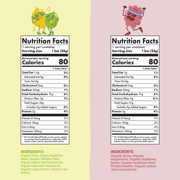 Nutrition facts label for a product with colorful graphics on a yellow and pink background.