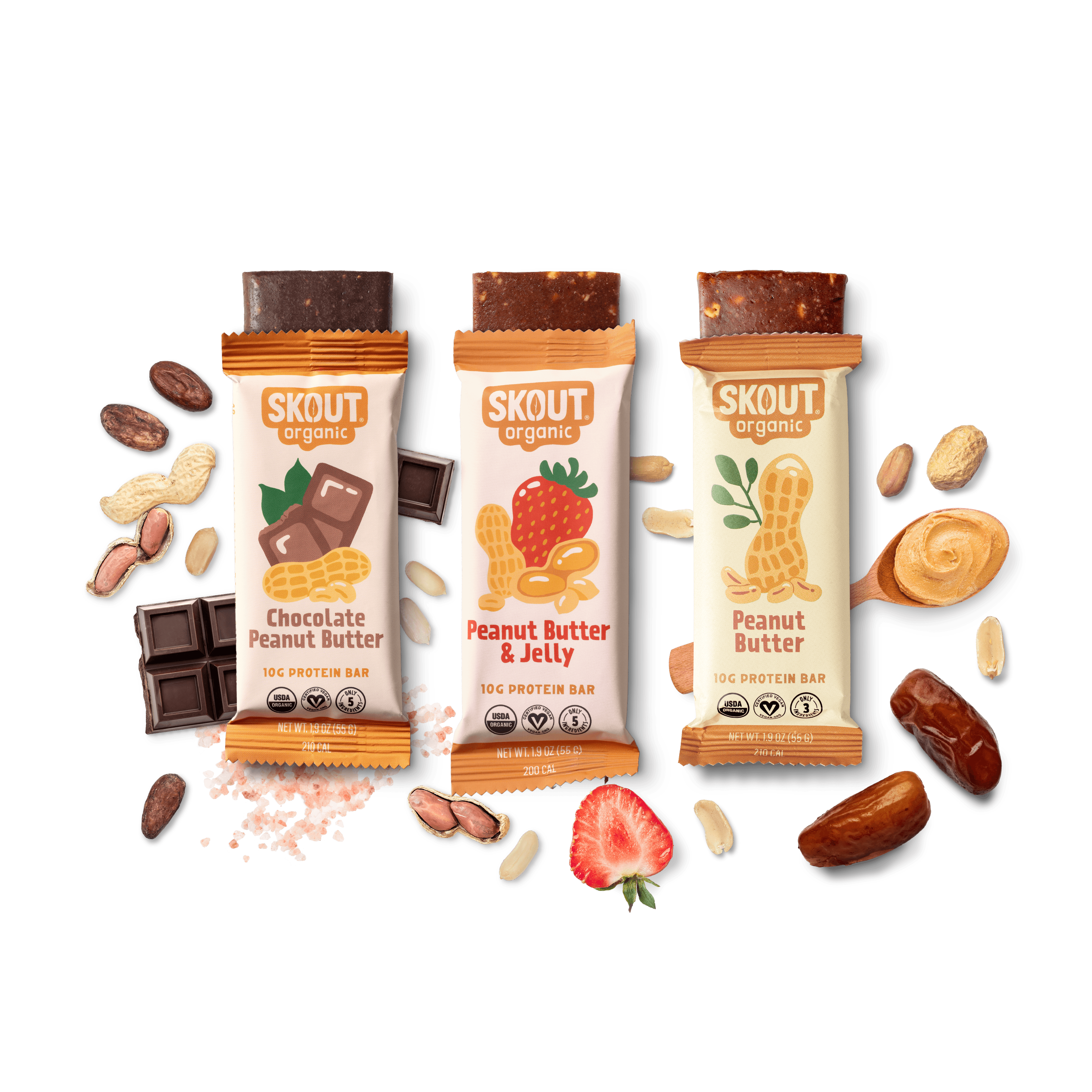 Skout Organic small batch peanut butter protein bar bundle 15-pack with three flavour varieties