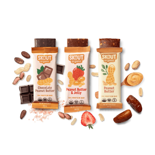 Skout Organic small batch peanut butter protein bar bundle 15-pack with three flavour varieties