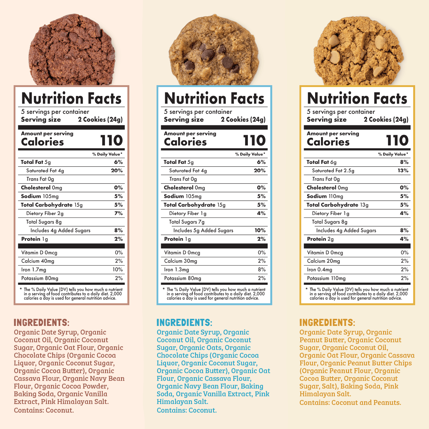 Three different types of cookies with their nutrition facts and ingredients listed.