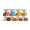 Four boxes of Skout organic cookies on a blue background