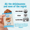 Skout organic oatmeal chocolate chip cookie bar with certification logos and a quote on a light blue background